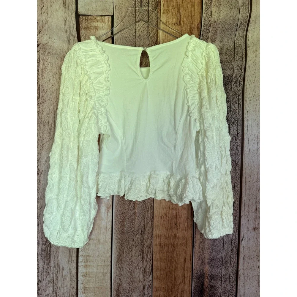 Free People Smocked Sleeve Top Boho Cottagecore White Cropped Summer Medium NWT